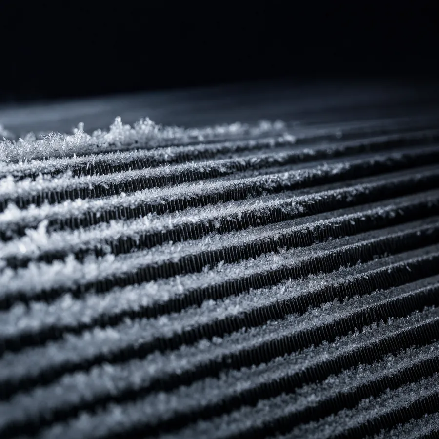 Extreme close-up of aluminium condenser fins with frost crystals forming on the edges