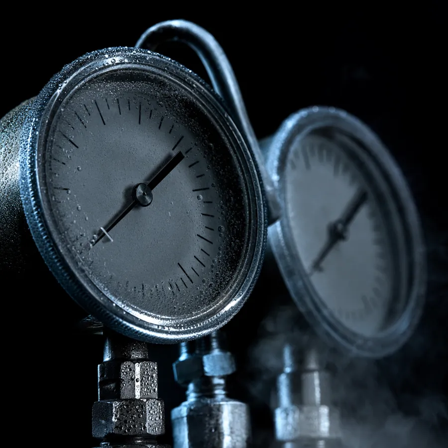 Twin manifold gauge dials with condensation on the glass, lit by a cold blue rim light